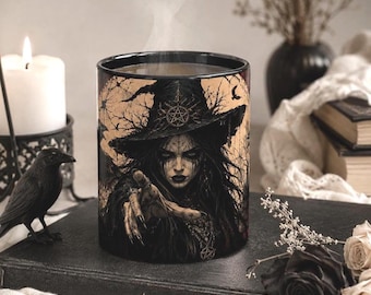 Halloween Witch Mug, Gothic Raven Pentagram Cup, Dark Academia Witchy Gift, Skull Coffee Mug, Halloween Mug, Halloween Gift Idea