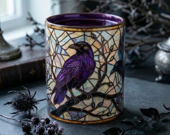 Stained Glass Raven Ceramic Mug, Vitray Gothic Coffee Cup, Bird Lover Gift For Gothics Style