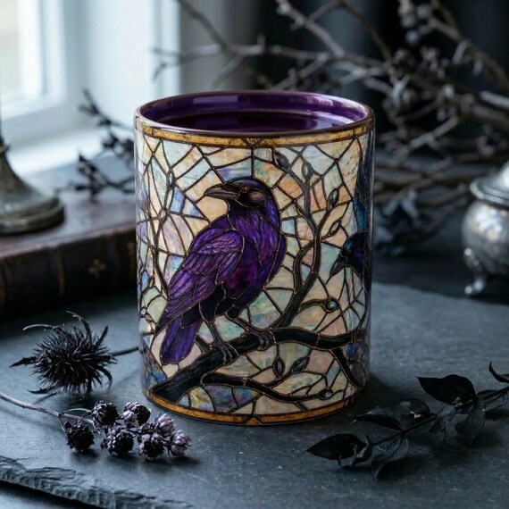 Stained Glass Raven Ceramic Mug, Vitray Gothic Coffee Cup, Bird Lover Gift For Gothics Style