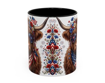 Highland Cow 4th of July Mug | Patriotic Cow Coffee Mug | Red White and Blue Mug | American Flag Highland Cow Cup | Independence Day Gift