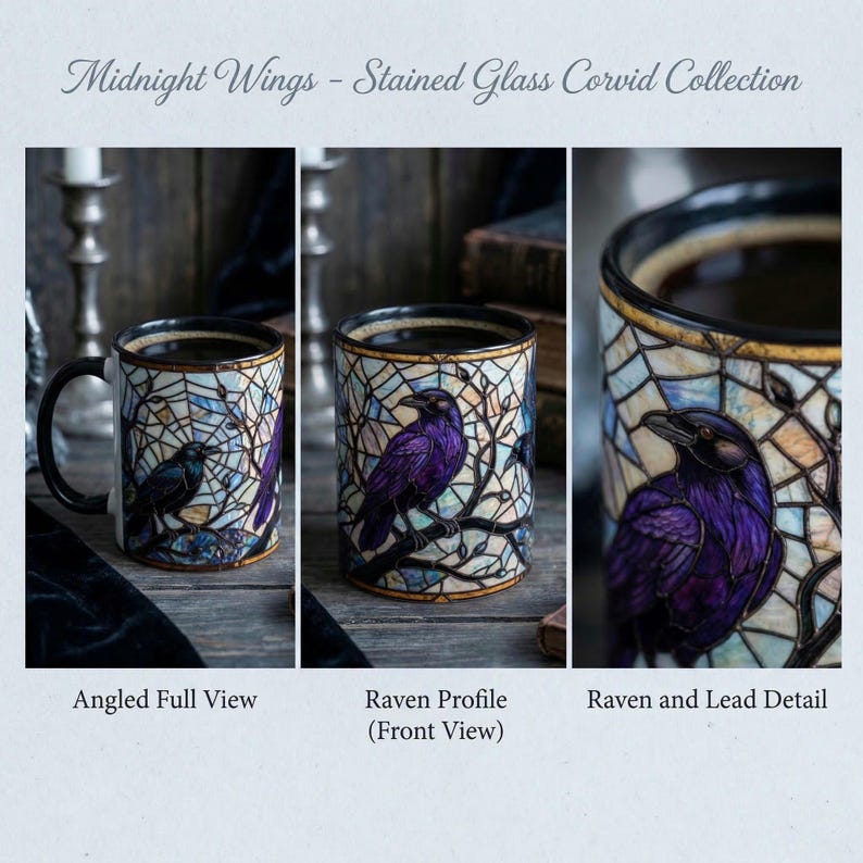 May include: A ceramic mug with a stained glass design featuring a purple raven perched on a branch. The mug has a black handle and rim, with the text "Midnight Wings - Stained Glass Corvid Collection". The design includes a web-like pattern.
