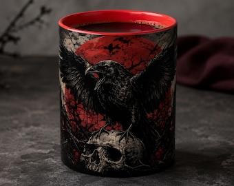 Gothic Raven and Skull Mug | Dark Cemetery Scene Halloween Mug Halloween Spirit