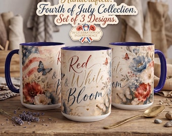 Red White and Bloom Patriotic Floral Mug, 15oz Ceramic Coffee Cup, Memorial Day Gift for Women, Fourth of July Remembrance Poppy Cup