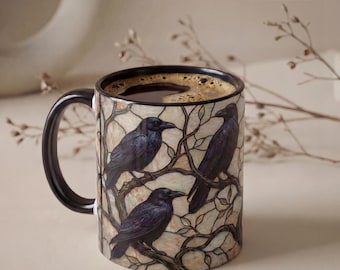 Gothic Raven Stained Ceramic Mug, Witchy Gothic Coffee Cup, Bird Lover Gift