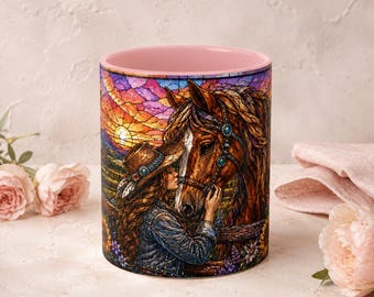 Cowgirl Horse Mug, Stained Glass Western Coffee Cup, Horse Lover Gift, Cowgirl Gift, Rustic Ranch Mug, Western Horse Decor