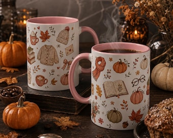 Cozy Autumn Mug, Pumpkin Book Sweater Pattern Ceramic Cup