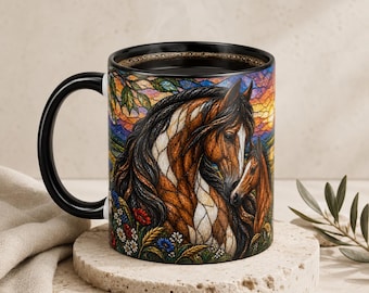 Horse Stained Glass Mug, Mare and Foal Coffee Cup, Horse Mom Gift, Equestrian Gift for Women, Horse Lover Gift, Farmhouse Horse Mug