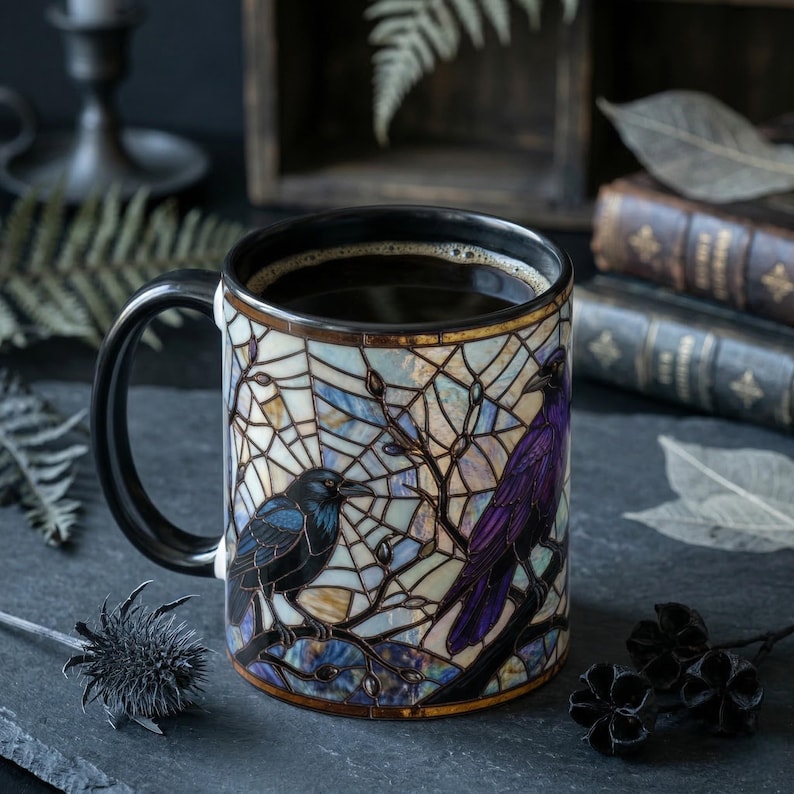 May include: A ceramic mug filled with coffee, featuring a stained-glass design of two crows perched on branches. The mug has a black handle and rim, with a gold trim. The background includes books and decorative elements.
