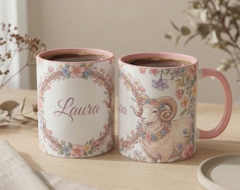 Personalized Aries Zodiac Mug with Name, Gifts For Aries, Gift For Her, Custom Floral Ram Coffee Cup