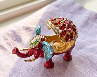 Crystal Enameled Elephant Trinket Box, Red Lucky Animal Jewelry Holder