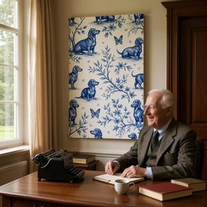 May include: A framed wall art piece featuring a repeating pattern of blue dachshunds and butterflies on a cream background. The artwork is displayed in a room with a window, curtains, and a desk with a typewriter.