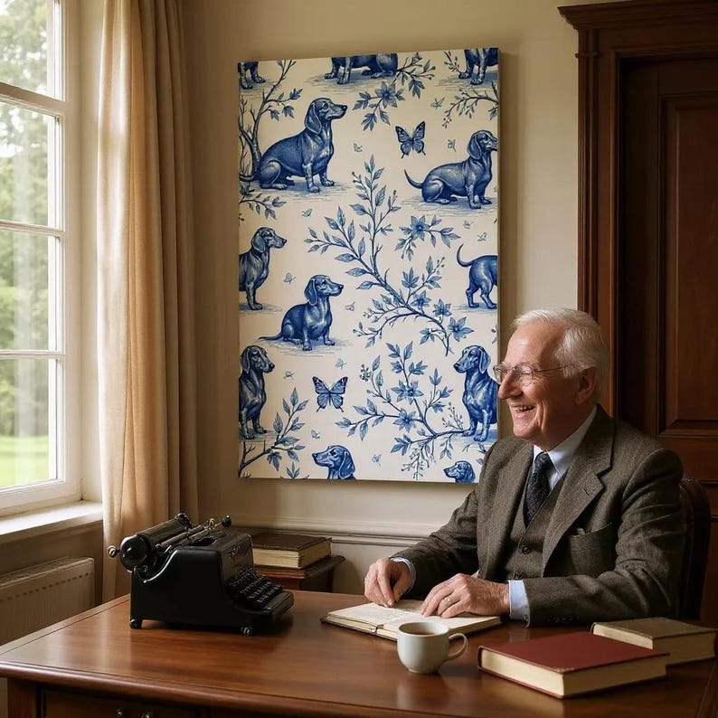 May include: A framed wall art piece featuring a repeating pattern of blue dachshunds and butterflies on a cream background. The artwork is displayed in a room with a window, curtains, and a desk with a typewriter.