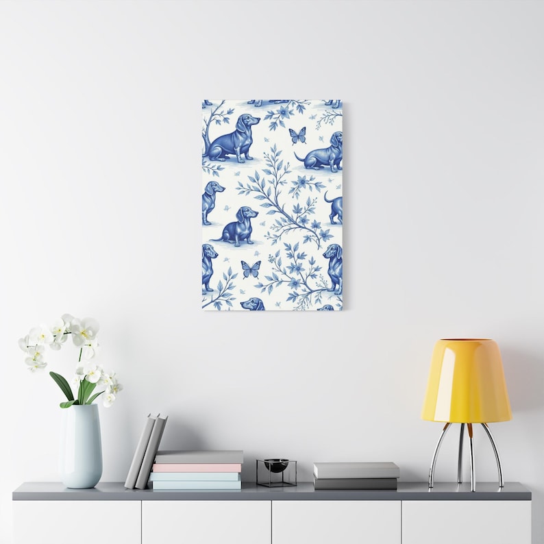 Dachshund Toile de Jouy Canvas Print, French Floral Dog Art 20″ x 30″ (Vertical)