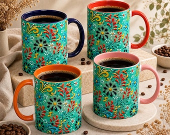 Handmade Turkish Tile Pattern Mug, Turquoise Ceramic Coffee Cup, Iznik Style Floral Design, Folk Art Ceramic Mug Mediterranean Inspired Gift