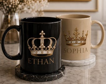 Custom Crown Name Mug, Personalized Coffee Cup, King and Queen Mugs, Wedding Gift, Valentine's Day Gift, Black Beige Mug Set