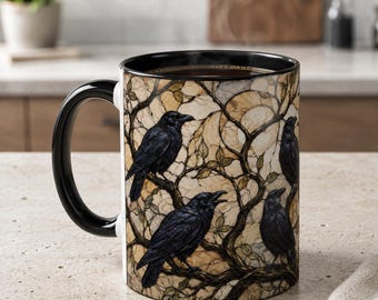 Gothic Raven Stained Ceramic Mug, Witchy Halloween Gothic Coffee Cup, Bird Lover Gift, Halloween Mug Raven Gifts Halloween Spirit