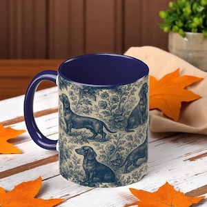 Dachshund French Toile de Jouy Mug - Blue Toile Coffee Cup for Doxie Mom, Sausage Dog Lover Gifts, Dog Tea Drinkware, Gift For Dog Lovers