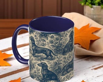 Dachshund Mug - Blue French Toile de Jouy, Doxie Dog Lover Gift
