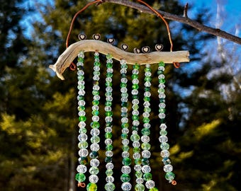 Green Crystal Driftwood Sun Catcher  / Natural Wood Hanging / Forest Inspired Decor / Boho Window Hanging