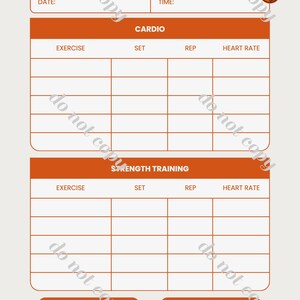 Può includere: Un planner per il fitness arancione e bianco. Il titolo "Fitness Planner" è in alto. Il planner ha sezioni per cardio e allenamento della forza, con spazi per esercizio, serie, ripetizioni e frequenza cardiaca. Ci sono anche sezioni per obiettivi e note.