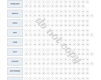 May include: A black and white habit tracker with a calendar layout. The calendar is divided into months, with each month having a grid of 31 days. Each day is represented by a circle. The calendar is titled "Habit Tracker" and has a space for the year.