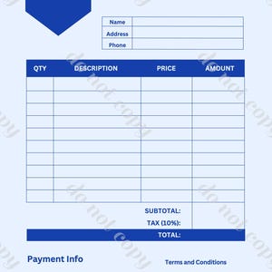 Puede incluir: Una plantilla de factura azul y blanca con el texto "Invoice No. 12345" en la parte superior. La plantilla incluye campos para la información del cliente, las descripciones de los artículos, las cantidades, los precios y los importes. También incluye secciones para el subtotal, el impuesto, el total, la información de pago y los términos y condiciones.