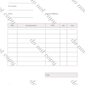 May include: A blank invoice template with fields for date, invoice number, bill to, item description, price, quantity, total, and payment method. The template also includes a section for contact information and a thank you message.