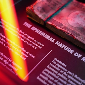 Peut inclure: Un tas de vieux billets de yen japonais, liés par un élastique, est exposé dans une vitrine. Le texte "THE EPHEMERAL NATURE OF MONEY" est visible sous les billets. Le texte explique que la politique monétaire de la Banque du Japon peut affaiblir ou renforcer le yen.