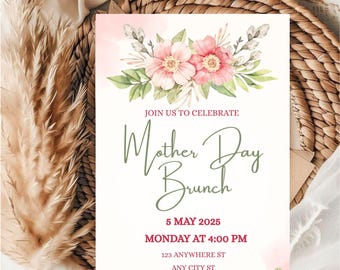 Bearbeitbare Brunch-Einladung zum Muttertag, druckbare Partyeinladung zum Muttertag, Einladung zum Muttertag, Digitaler Partyflyer zum Muttertag.