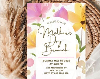 Invitación de brunch para el Día de la Madre imprimible, plantilla de invitación para el Día de la Madre, tarjeta floral para el Día de la Madre, invitación editable para fiesta del Día de la Madre.