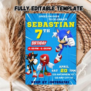 Può includere: Un invito di compleanno blu e rosso con Sonic the Hedgehog e i suoi amici. L'invito dice "Speed on over to celebrate Sebastian's 7th Birthday".