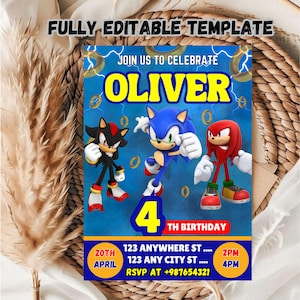 Bearbeitbare Sonic Geburtstagseinladung Vorlage / Sonic Geburtstagseinladung Vorlage / Kindergeburtstag-Party Einladung Vorlage
