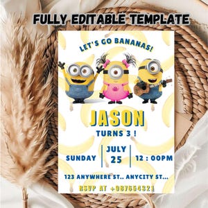 Convite editável de aniversário dos Minions, convite para festa temática dos Minions, convite para impressão de aniversário dos Minions para meninos/meninas, cartão de aniversário dos Minions.