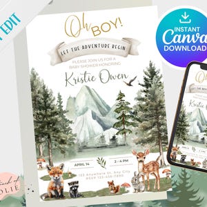 Woodland Baby Shower Invitation - Boy Baby Shower - Let the Adventure Begin - Editable DIGITAL Download