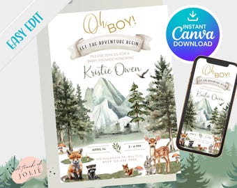 Wald-Babypartyeinladung - Junge-Babyparty - Let the Adventure Begin - bearbeitbarer DIGITALER Download