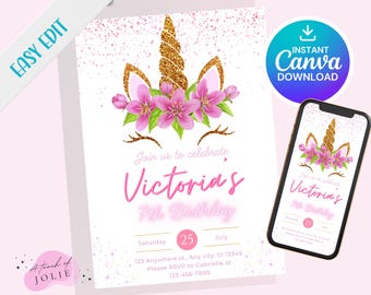 May include: A pink and gold unicorn birthday invitation with glitter and flowers. The invitation says "Join us to celebrate Victoria's 7th Birthday" and includes the date, time, and location.
