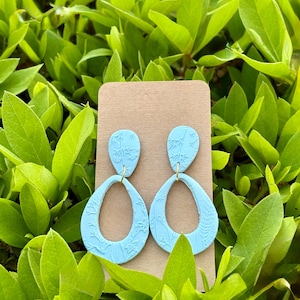CLAY EARRINGS, Blue Floral Dangles, Statement, Unique Gift, Handmade Jewelry, Hypoallergenic, Gold Plated, Lightweight