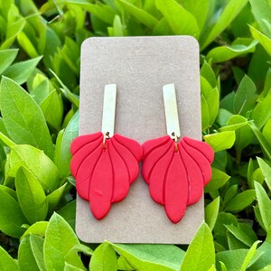 CLAY EARRINGS, Red Floral Dangles, Statement, Unique Gift, Handmade Jewelry, Hypoallergenic, Gold Plated, Lightweight