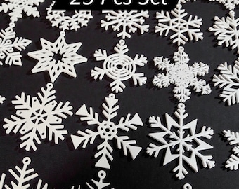 Conjunto de 25 enfeites de flocos de neve – Decorações brancas para árvore de Natal – Flocos de neve de inverno – Decoração natalina – Enfeites festivos para pendurar