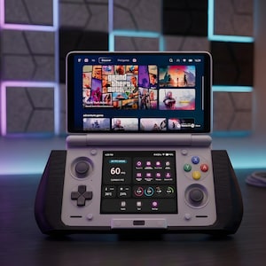 May include: A handheld gaming console with a screen displaying game titles. The console has a gray and black design with buttons and a control pad. The screen shows a variety of adventure games. The console is on a dark surface.