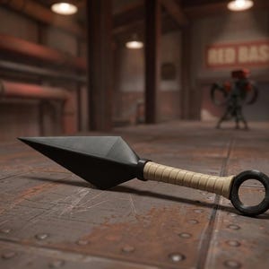 May include: A black kunai throwing knife featuring a sharp, pointed blade and a light beige wrapped handle that terminates in a circular ring pommel. The weapon is positioned horizontally, showcasing its geometric design and textured grip.