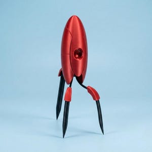 May include: A metallic red, oval-shaped turret figurine with a central circular lens opening. The object is supported by three slender, pointed black legs that extend outward from the base, each featuring a red accent piece at the top joint.