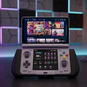 May include: A handheld gaming console with a screen displaying various game thumbnails, including "Grand Theft Auto." The console features a built-in controller with buttons and a D-pad. The device is gray and black, with a small screen displaying system information.