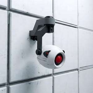 May include: A white, oval-shaped security camera with a prominent red circular lens in the centre and a small red light on the side. The device is mounted to a wall using a dark grey, angular bracket that extends from a grid of white panels.