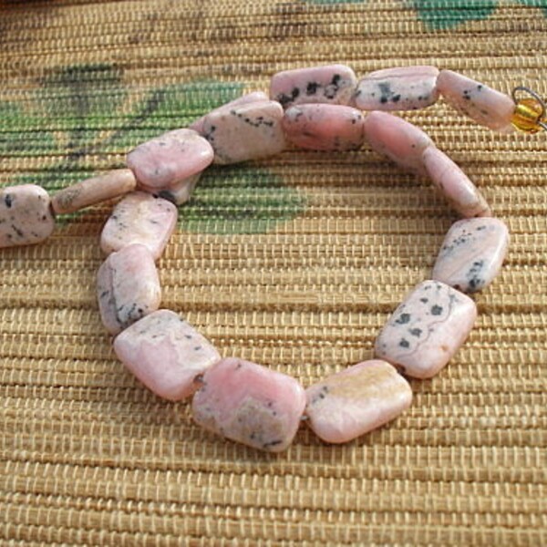 Tiny Rhodocrosite pink white black spotted flat rectangle gemstone bead strand