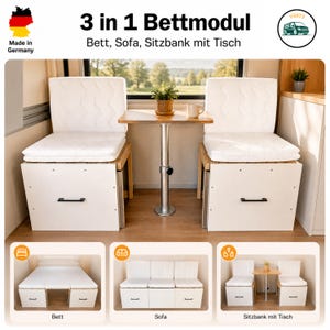 Könnte beinhalten: Ein weißes 3-in-1 Bettmodul, umwandelbar in ein Bett, Sofa und Sitzgelegenheiten mit Tisch. Die modularen Möbel verfügen über weiße Kissen, Holzrahmen und einen kleinen Tisch. Der Text "3 in 1 Bettmodul" und "Made in Germany" sind sichtbar.