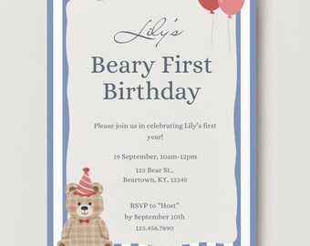Beary First Birthday Digital Invite Template - Canva Template