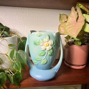 Vintage Roseville Pottery White Rose Vase 983-7, Blue 7” Double Handled Art Deco Floral Ceramic