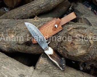 Damascus steel hunting knife with natural stag crown handle and leather sheath- gift for dad