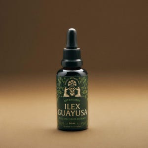 May include: A dark green glass bottle with a black dropper top. The label reads "Munay Botanicals Ultrasonic Ilex Guayusa Full Spectrum Extract 50 ML Crafted in Ecuador".